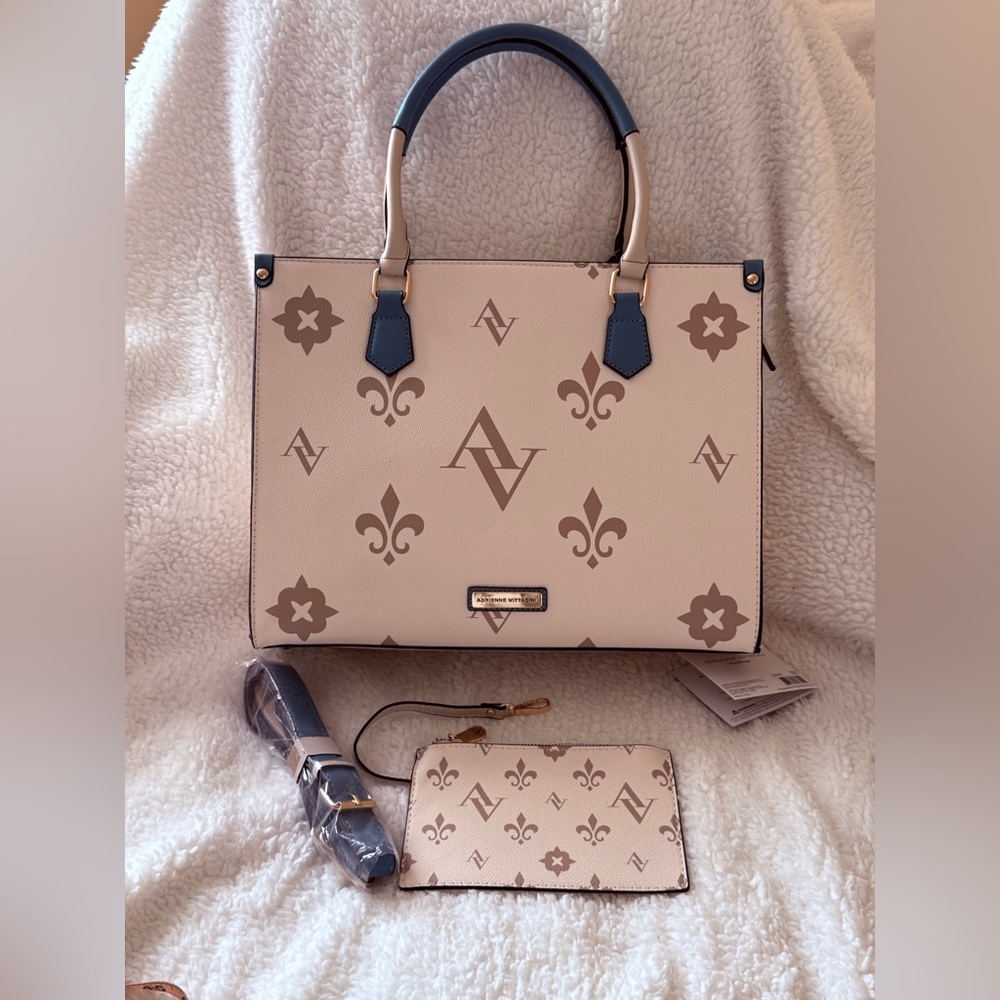 Adrienne Vittadini Beige and Blue Logo Tote with Wristlet - Picture 1 of 15